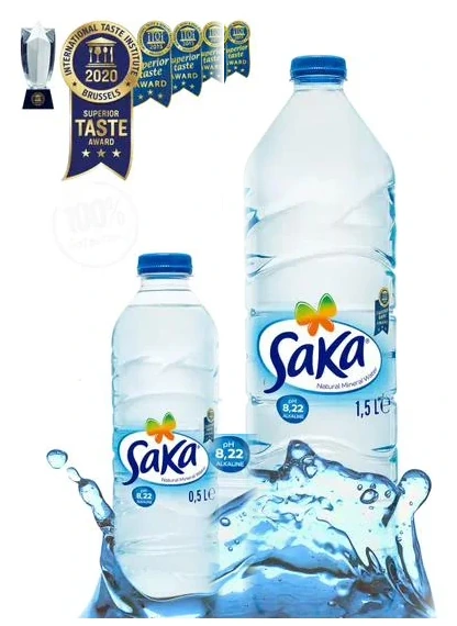 Eau minérale Saka 1,5 L et 0,5 L, primée Superior Taste Award